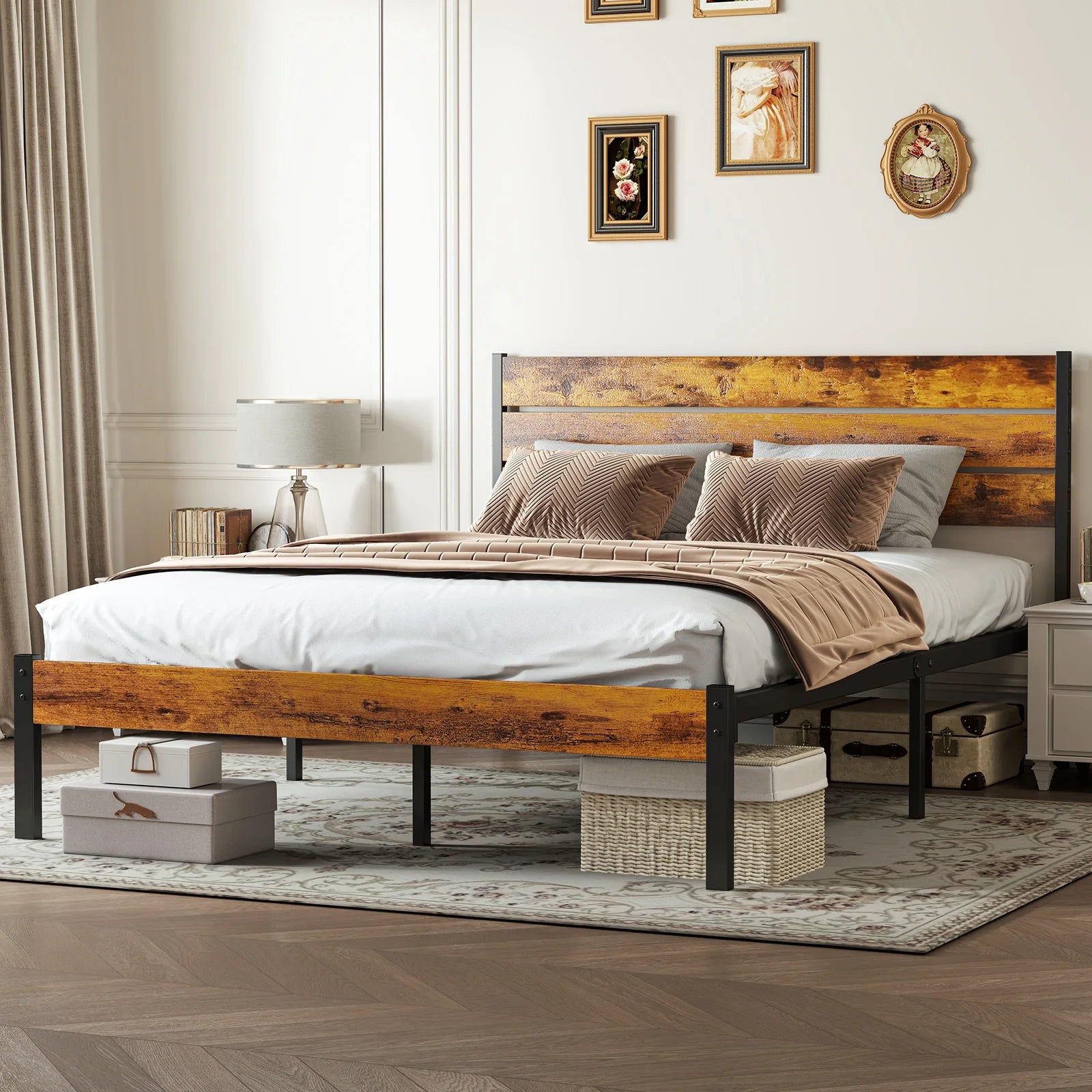 Wooden Headboard and Metal Platform Bed Frame