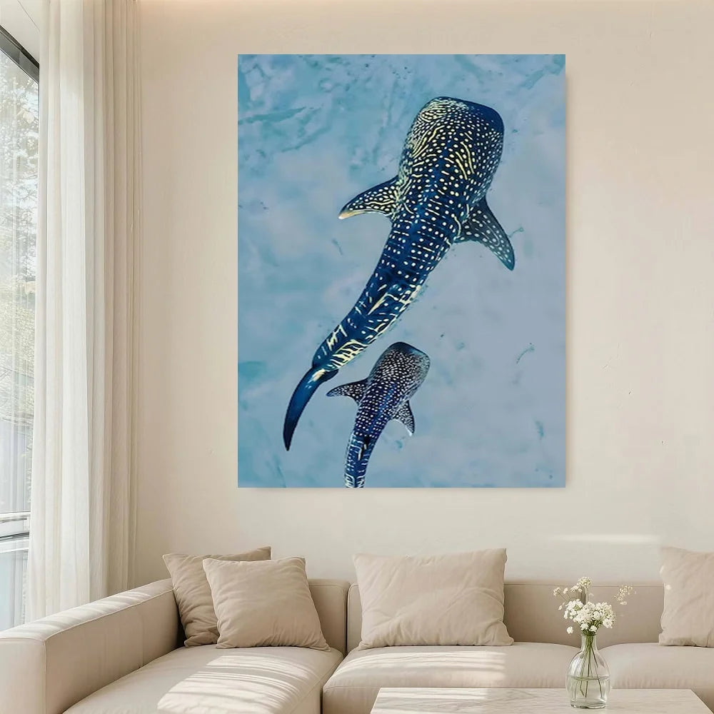 Framed Flat, Suitable for Home Bedroom Wall Decor - Whale Shark Ocean Canvas Painting, Modern Minimalist Marine Art, Multi-Size