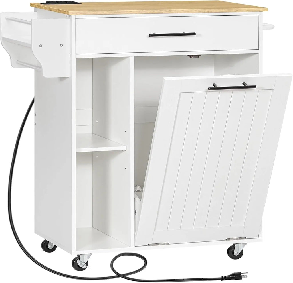 Mobile Kitchen Island with Power Outlet and Trash Can Storage