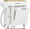 Mobile Kitchen Island with Power Outlet and Trash Can Storage