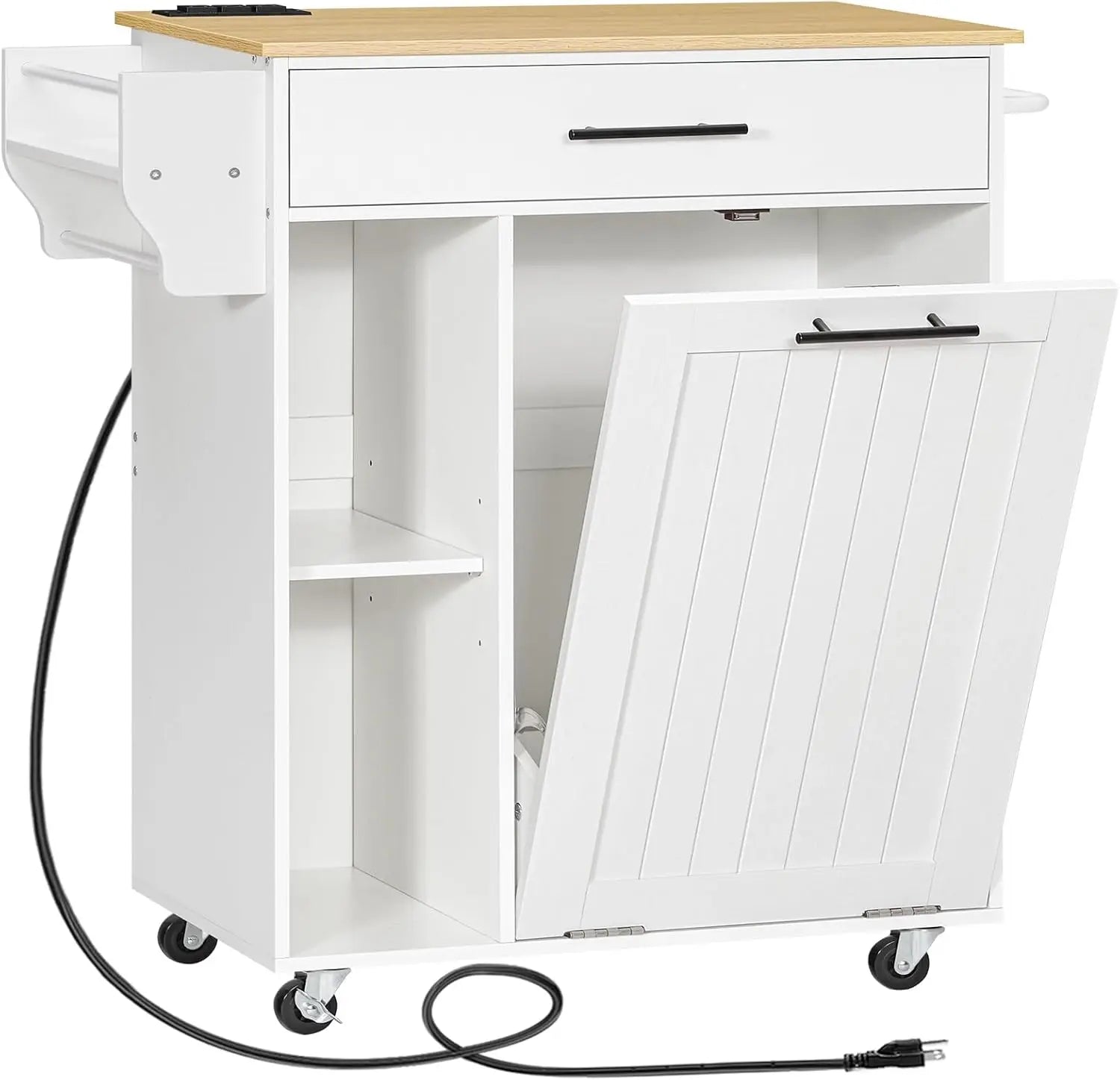 Mobile Kitchen Island with Power Outlet and Trash Can Storage