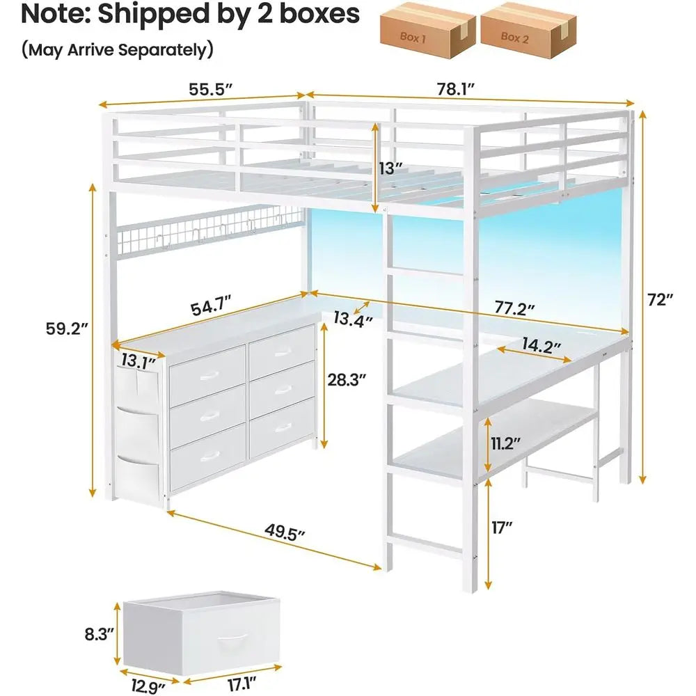 Loft Bed Full Size with U-Shaped Desk