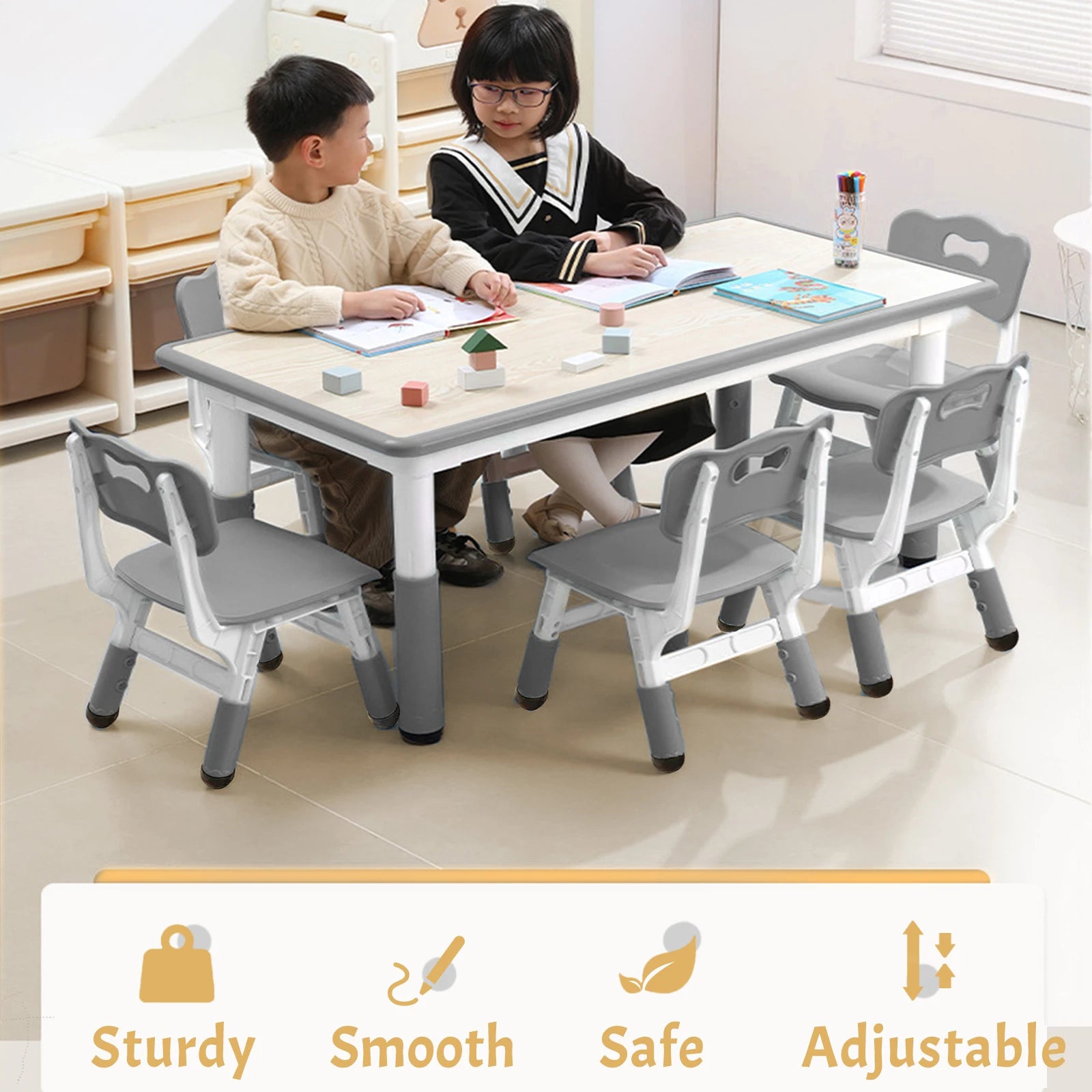 Adjustable Height Desk with Graffiti Desktop with 6 Seats